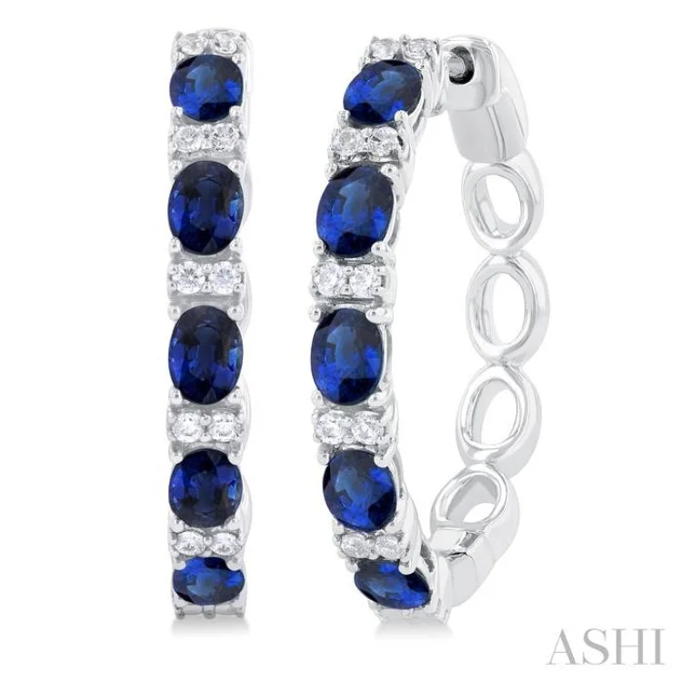 Ladies chic earrings-1/4 ctw Oval Cut 4X3MM Sapphire and Round Cut Diamond Precious Hoop Earring in 14K White Gold