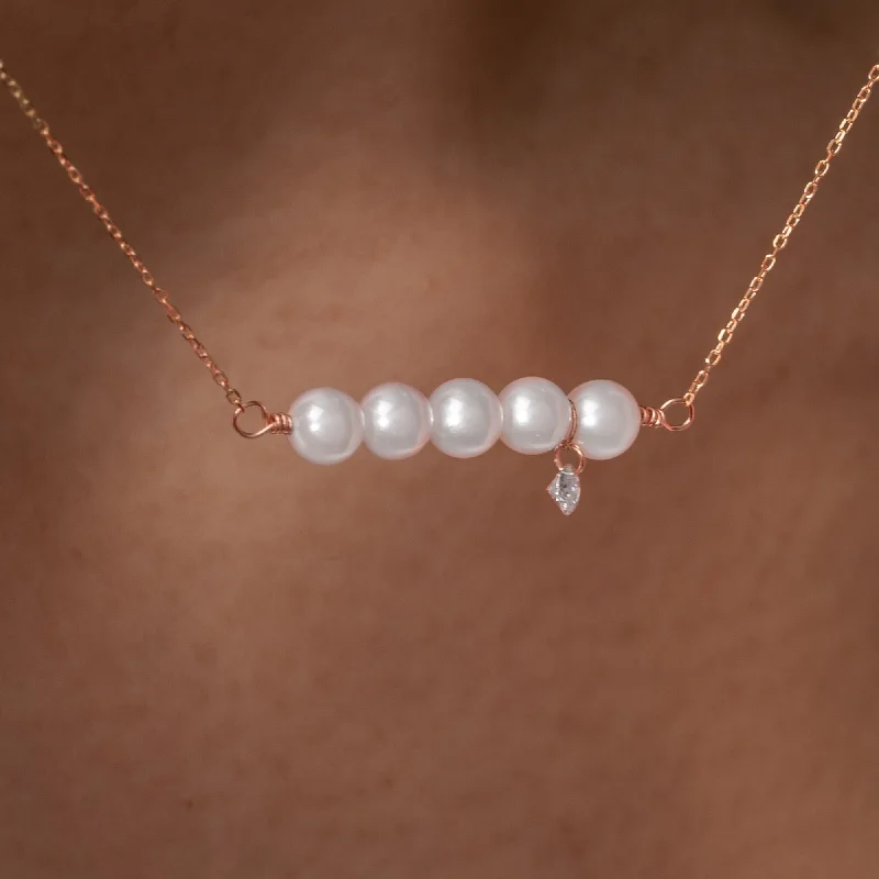 Ladies silver necklace-Gold Five Pearl and Diamond Necklace