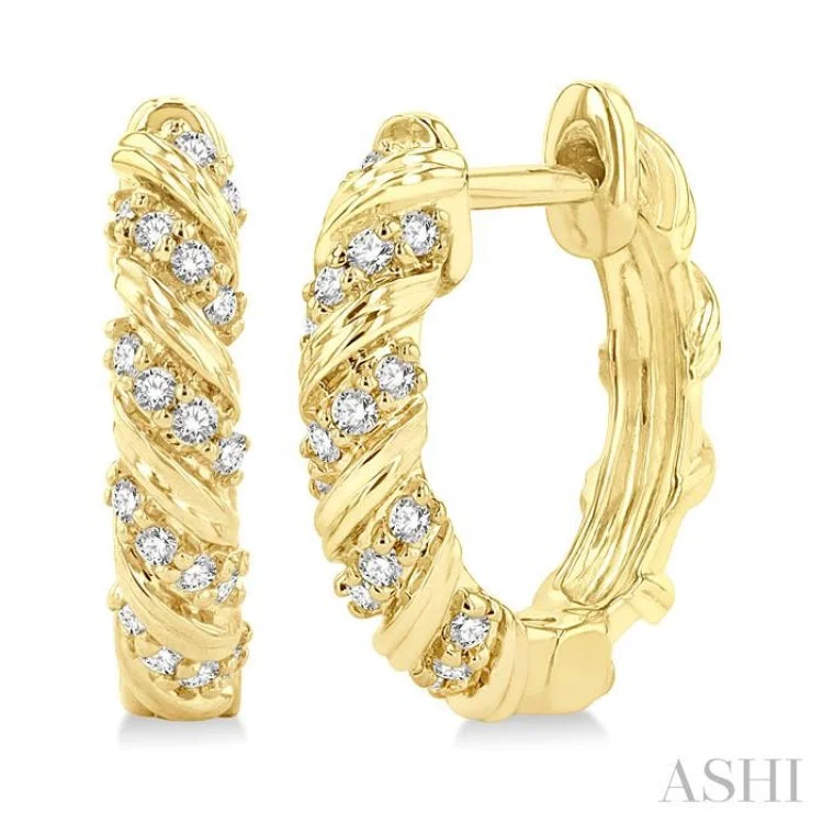 Ladies drop stud earrings-1/5 ctw Petite Swirl Round Cut Diamond Fashion Huggies in 10K Yellow Gold