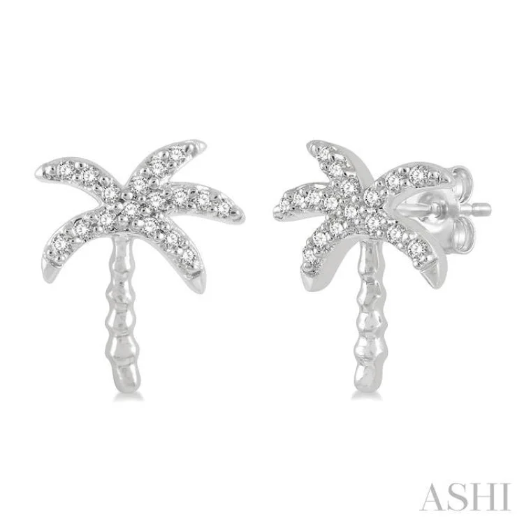 Ladies sparkly earrings-1/10 Ctw Palm Tree Round Cut Diamond Petite Fashion Earring in 14K White Gold