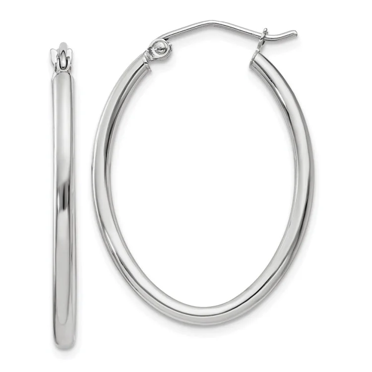 Ladies wedding hoop earrings-14k White Gold Polished 2mm Oval Tube Hoop Earrings