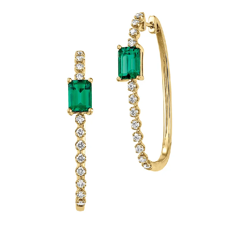 Ladies sparkly stud earrings-14K yellow gold hoop earrings with 7x5mm emerald-cut Chatham lab grown emeralds and Chatham lab grown diamond accents.