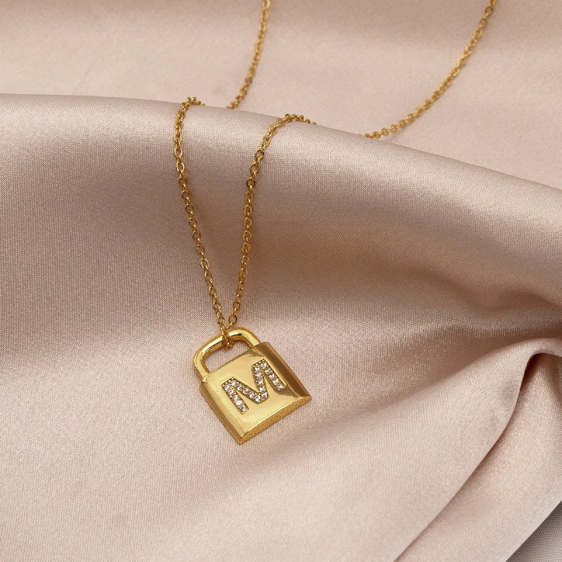 Ladies twisted gold necklace-Padlock Initial Pendant Necklace