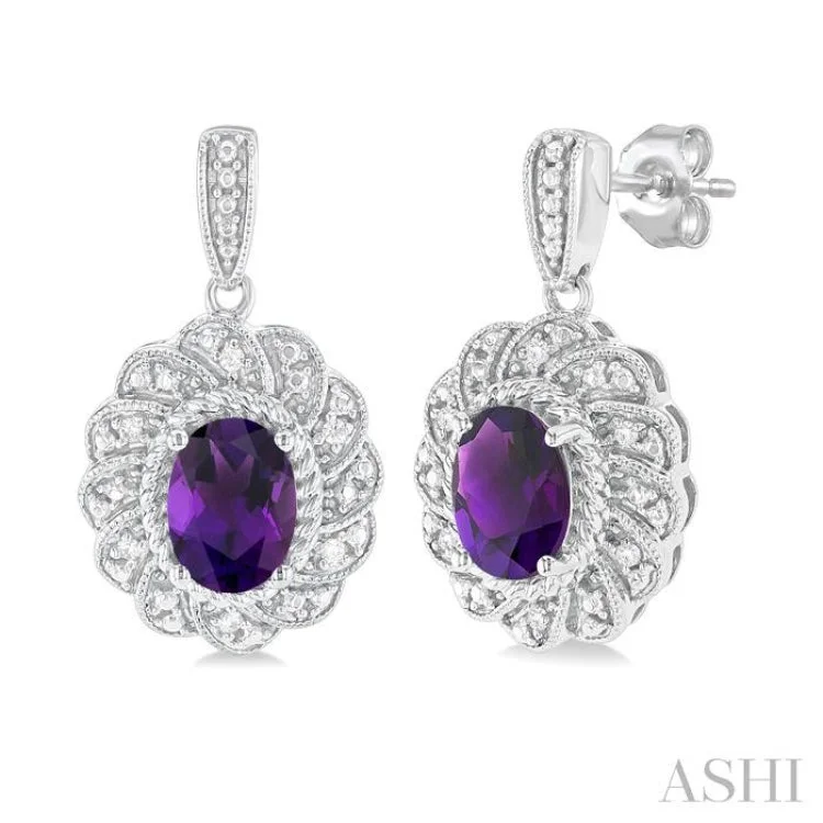 Ladies fashion earrings-1/20 ctw Oval Cut 7X5MM Amethyst and Round Cut Diamond Semi Precious Earring in Sterling Silver