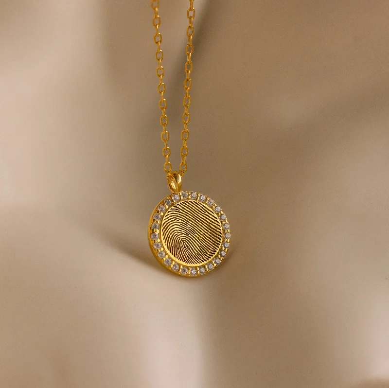 Ladies bohemian necklace-Pave Fingerprint Coin Necklace