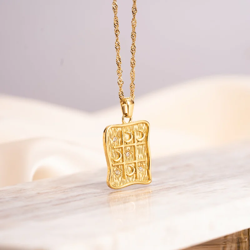 Ladies handmade necklace-Moon Star Tic Tac Toe Gold Necklace