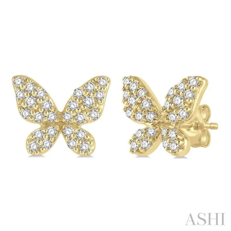 Ladies gold earrings-1/5 Ctw Butterfly Motif Round Cut Diamond Petite Fashion Earring in 10K Yellow Gold