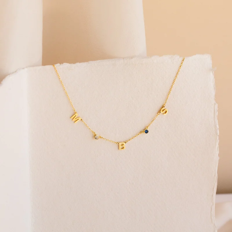 Ladies long gold necklace-Alice Letter Birthstone Necklace