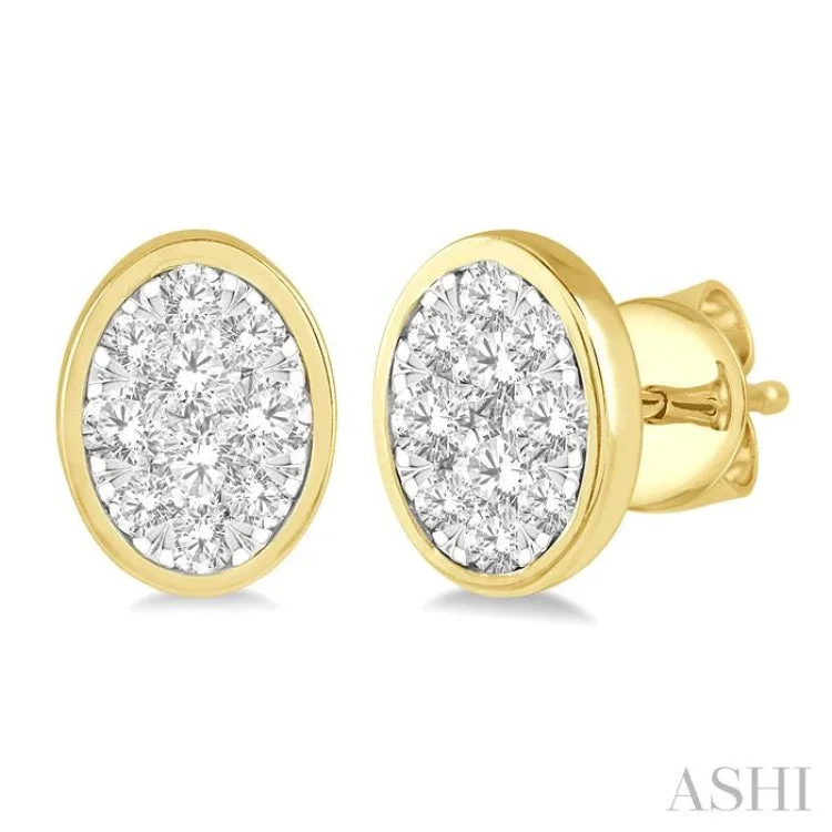 Ladies minimalist earrings-1/2 ctw Oval Shape Lovebright Round Cut Diamond Bezel Stud Earring in 14K Yellow and White Gold