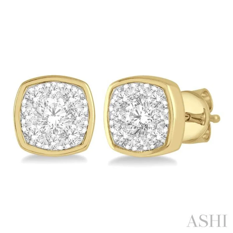 Ladies dangle earrings-1/3 ctw Cushion Shape Round Cut Diamond Lovebright Bezel Stud Earring in 14K Yellow and White Gold