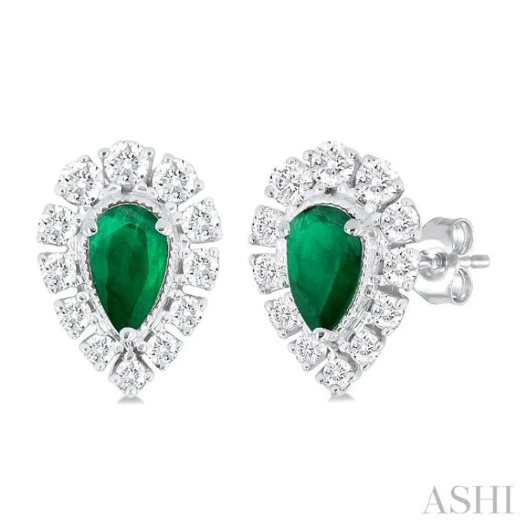 Ladies gemstone stud earrings-1/3 ctw Pear Cut 5X3MM Emerald and Round Cut Diamond Precious Stud Earring in 14K White Gold