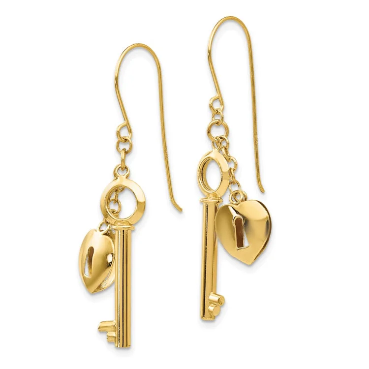 Ladies minimalist earrings-14K Gold Puff Heart Lock and Key Earrings