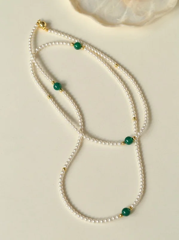 Ladies turquoise necklace-Jade Grace Green Agate Long Pearl Necklace