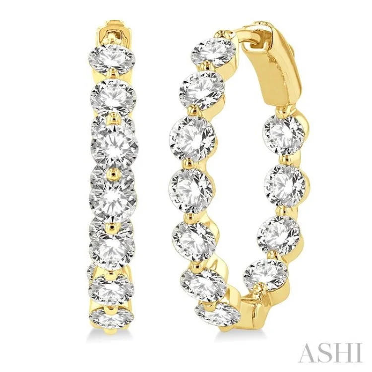 Ladies hoop earrings-4 Ctw Inside-Out Single Prong Set Round Cut Diamond Hoop Earrings in 14K Yellow Gold