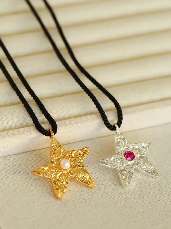 Ladies luxury pearl necklace-Dazzling Stars Pentagram Planet Element Necklace Black Rope Style