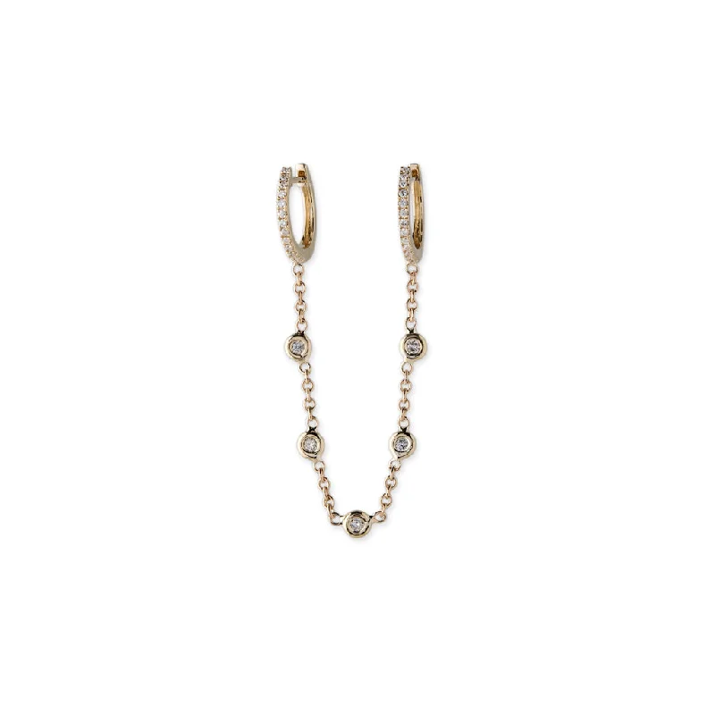 Ladies gold stud earrings-PAVE MINI HOOP + 5 DIAMOND CHAIN EARRINGS