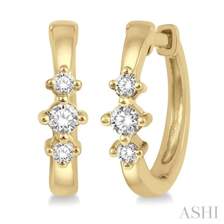 Ladies retro earrings-1/6 Ctw Three Stone Round Cut Diamond Huggie Earrings in 10K Yellow Gold