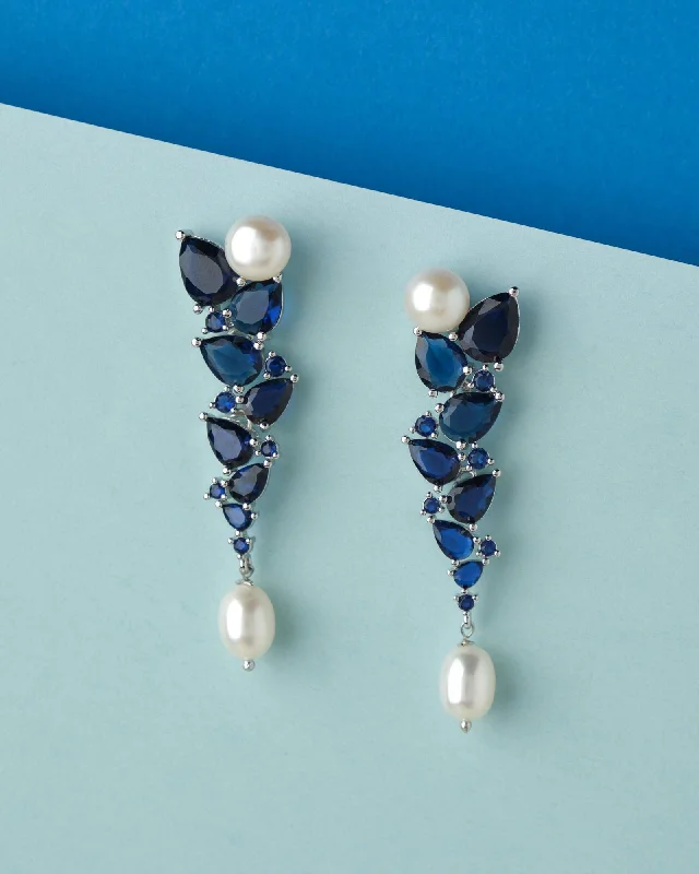 Ladies gold diamond earrings-The Charis Blue Stone Pearl Drop Earring