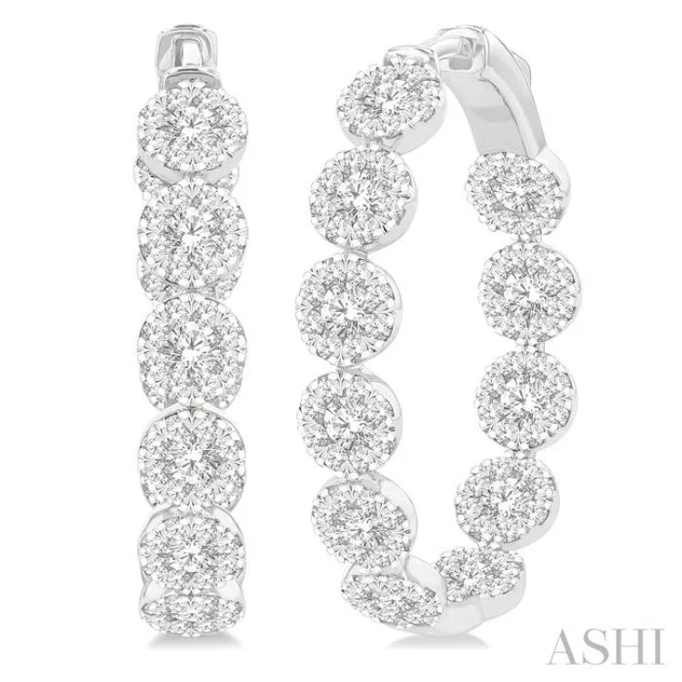 Ladies statement earrings-3 Ctw Circular Link Lovebright In-Out Round Cut Diamond Hoop Earring in 14K White Gold