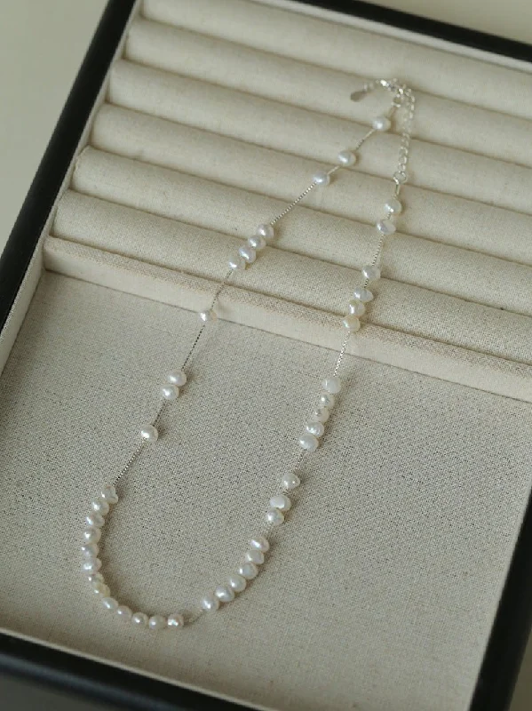 Ladies gold chain necklace-925 Silver Aurora Freshwater Pearl Chain Necklace