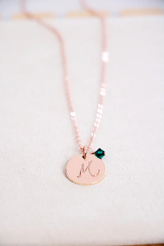 Ladies gemstone pendant necklace-script initial necklace {yellow + rose gold}