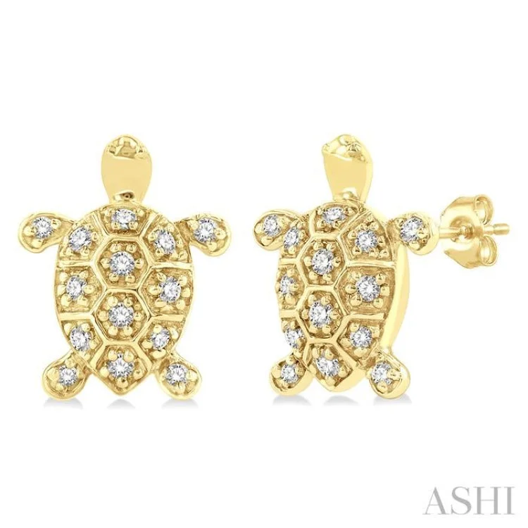 Ladies fashion earrings-1/6 ctw Petite Turtle Round Cut Diamond Fashion Stud Earring in 10K Yellow Gold