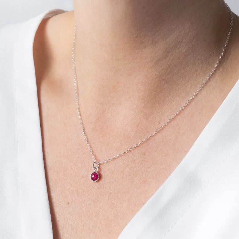 Ladies long necklace-Silver Ruby July Birthstone Necklace