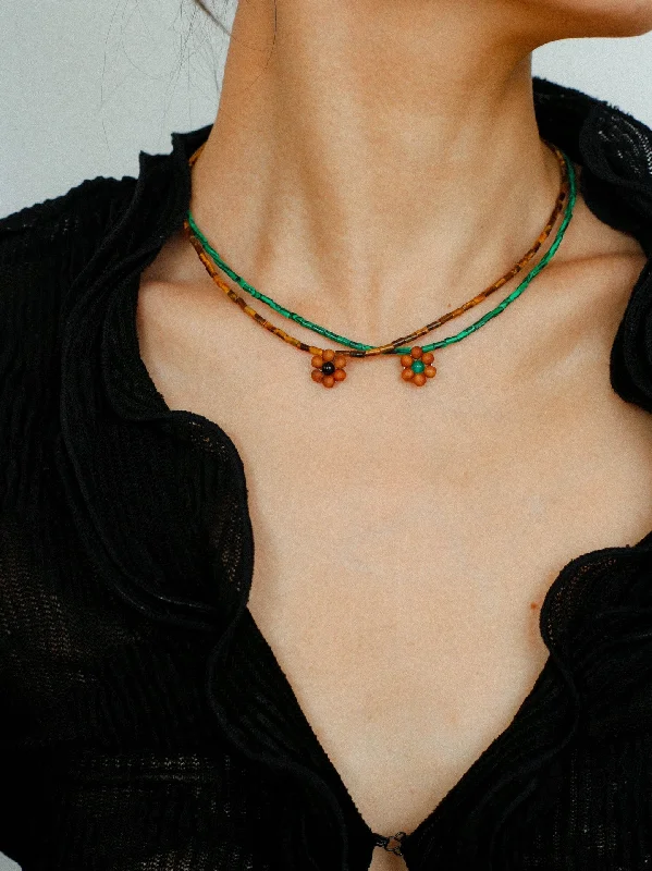 Ladies multi-strand necklace-Sandalwood Floret Red Agate Speckled Stone Tube Beads Beaded Necklace