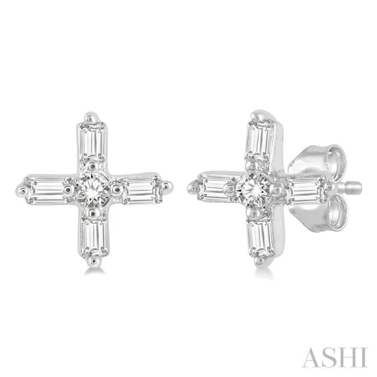 Ladies diamond dangle earrings-1/10 Ctw Greek Cross Baguette and Round Cut Diamond Petite Earring in 10K White Gold