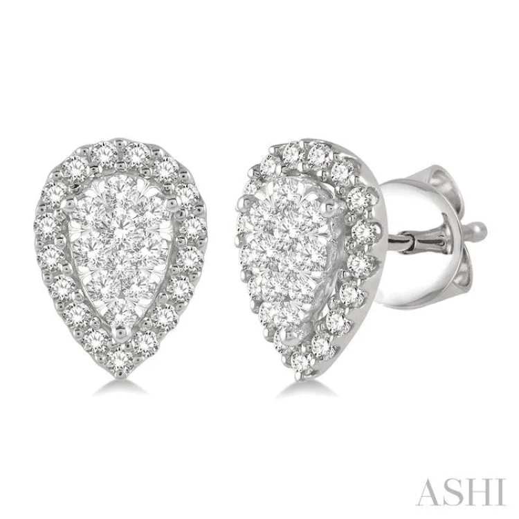 Ladies engagement earrings-1/3 Ctw Pear Shape Lovebright Diamond Stud Earrings in 14K White Gold