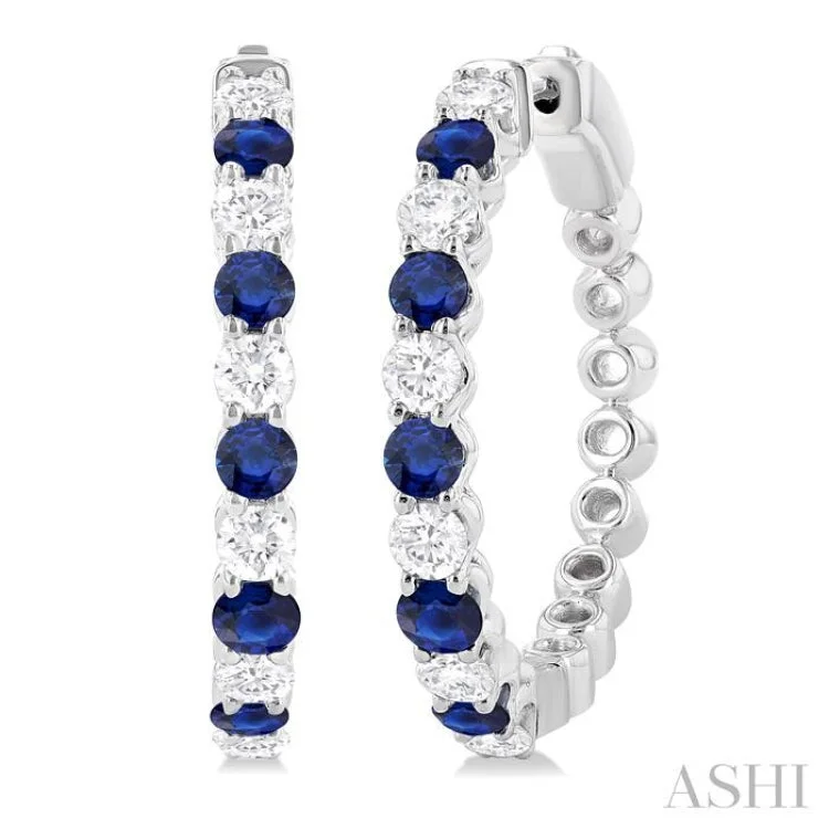 Ladies drop stud earrings-7/8 ctw Round 2.7MM Sapphire and Round Cut Diamond Precious Hoop Earring in 14K White Gold