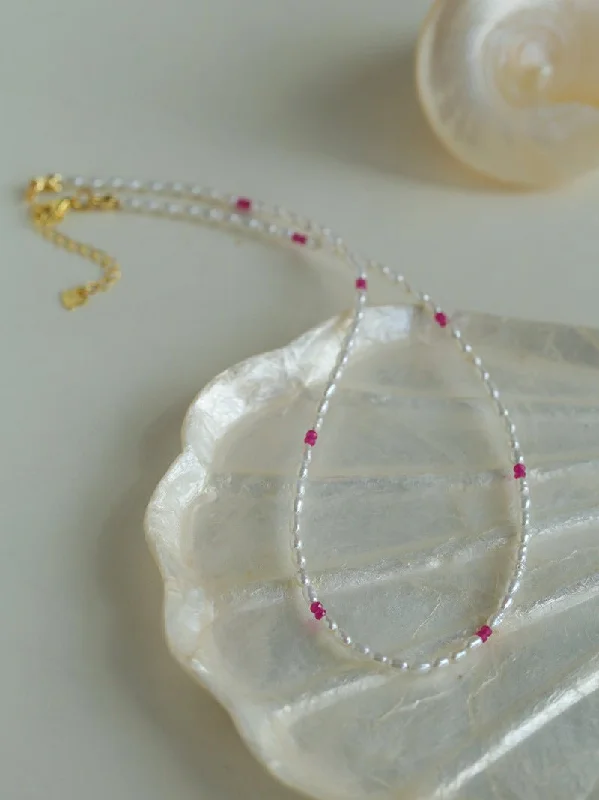 Ladies birthstone necklace-Mini Pearl and Ruby Short Necklace