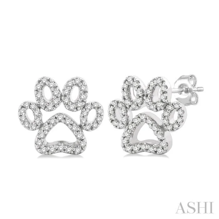 Ladies rose gold earrings-1/4 ctw Petite Dog Paw Round Cut Diamond Fashion Stud Earring in 10K White Gold