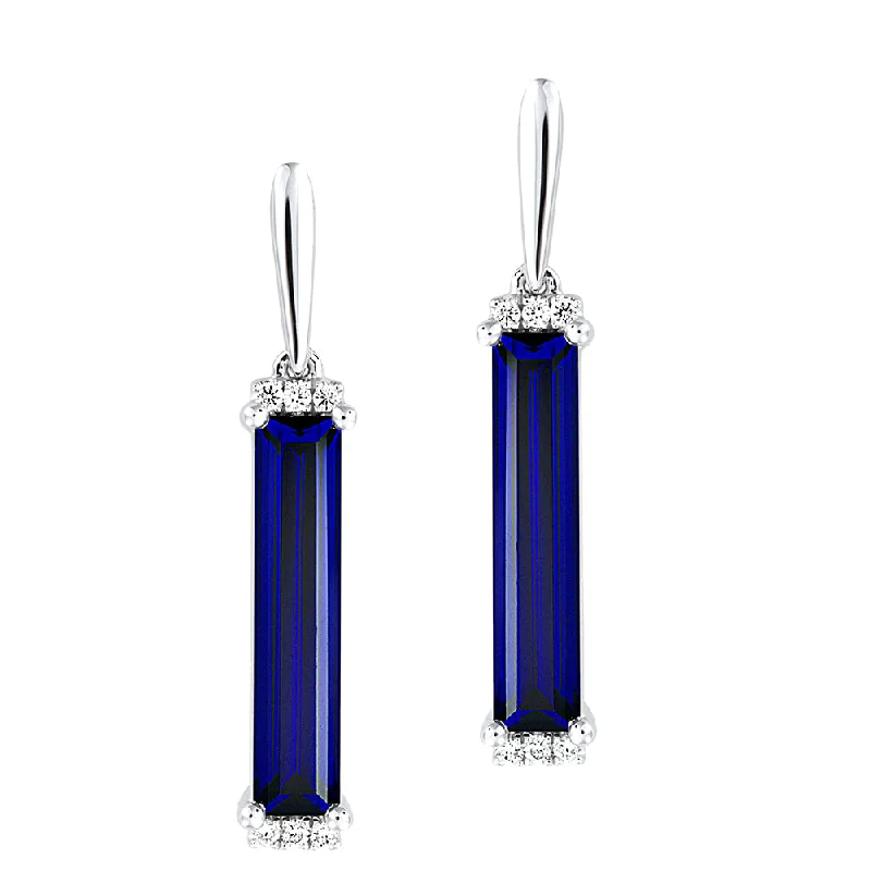 Ladies silver dangle earrings-These 14K white gold bar earrings showcase 14x3mm baguette Chatham lab grown sapphires and lab grown diamond accents.