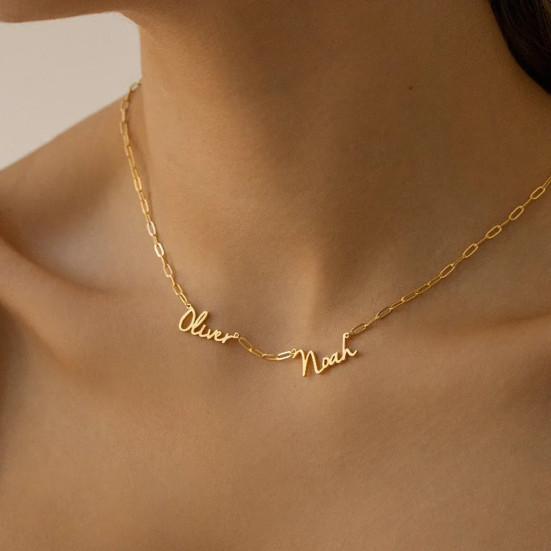 Ladies long gold necklace-Nella Multiple Name Necklace in Paperclip Chain