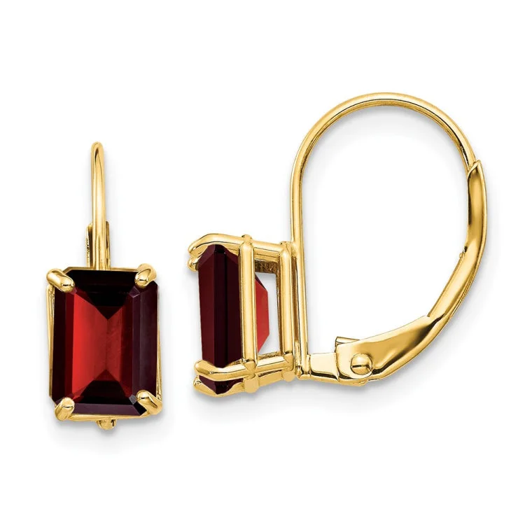 Ladies bridal earrings set-14k 7x5mm Emerald Cut Garnet Leverback Earrings