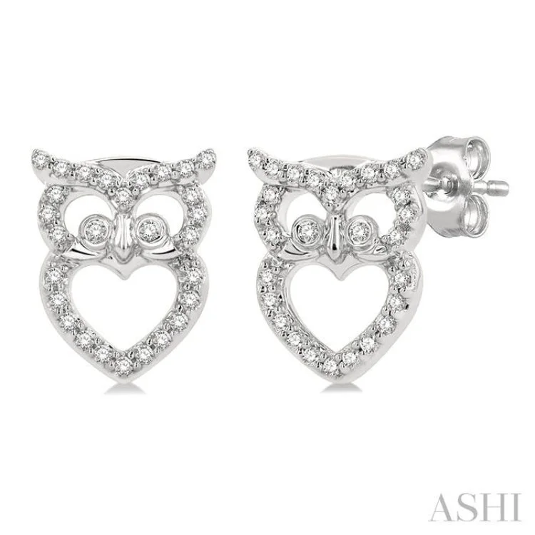 Ladies luxury drop earrings-1/6 ctw Petite Owl Round Cut Diamond Fashion Stud Earring in 10K White Gold