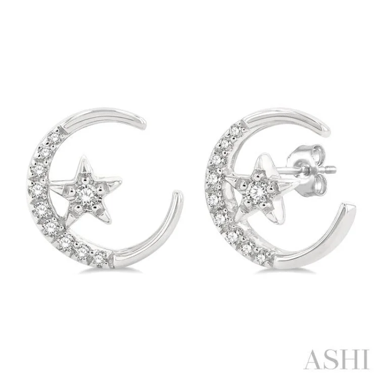 Ladies gold drop earrings-1/10 ctw Crescent Moon and Star Round Cut Petite Diamond Fashion Stud Earring in 10K White Gold