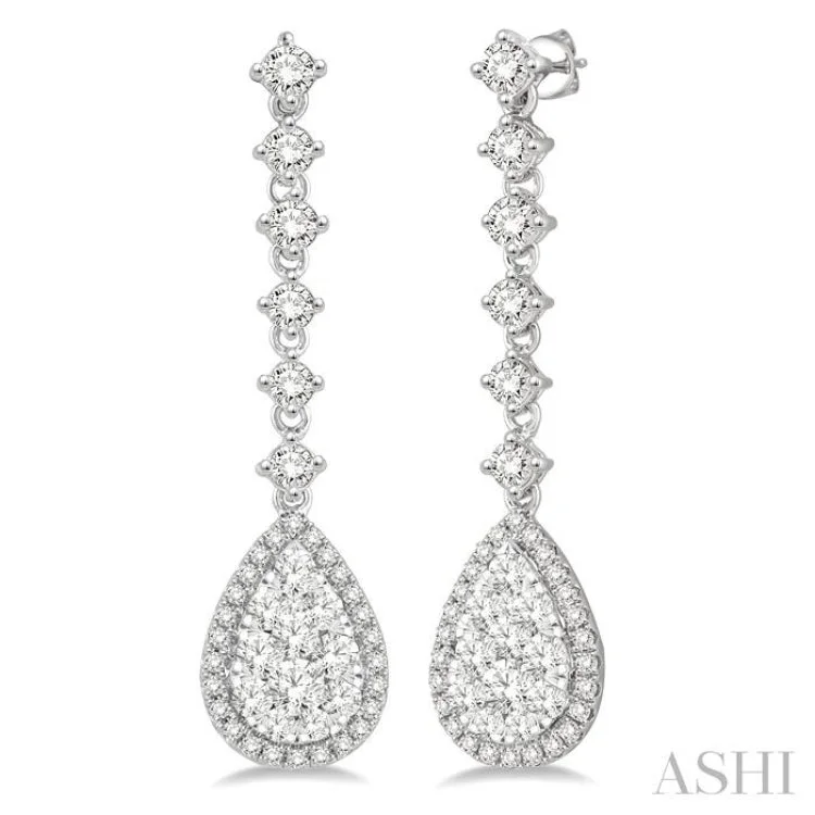 Ladies trendy earrings-1 Ctw Pear Shape Dangler Round Cut Diamond Lovebright Earrings in 14K White Gold