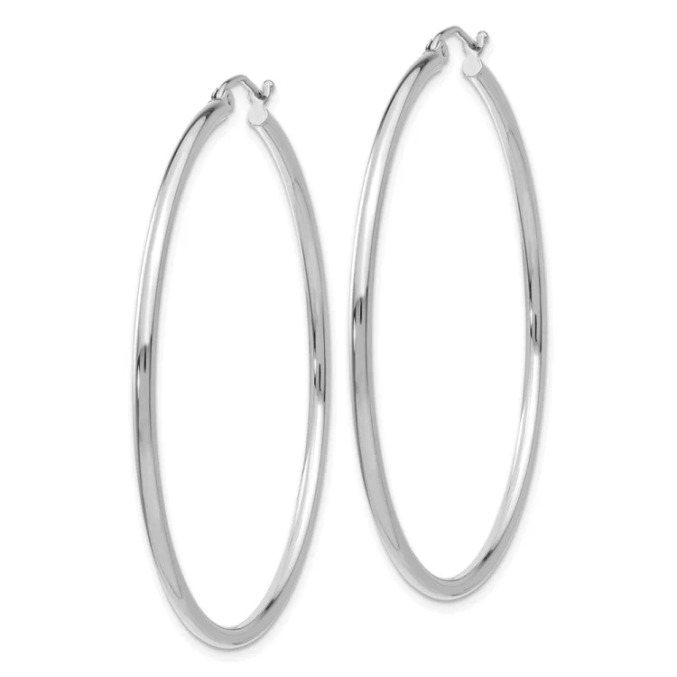 Ladies minimalist gold earrings-14k White Gold Polished 2x50mm Lightweight Tube Hoop Earrings