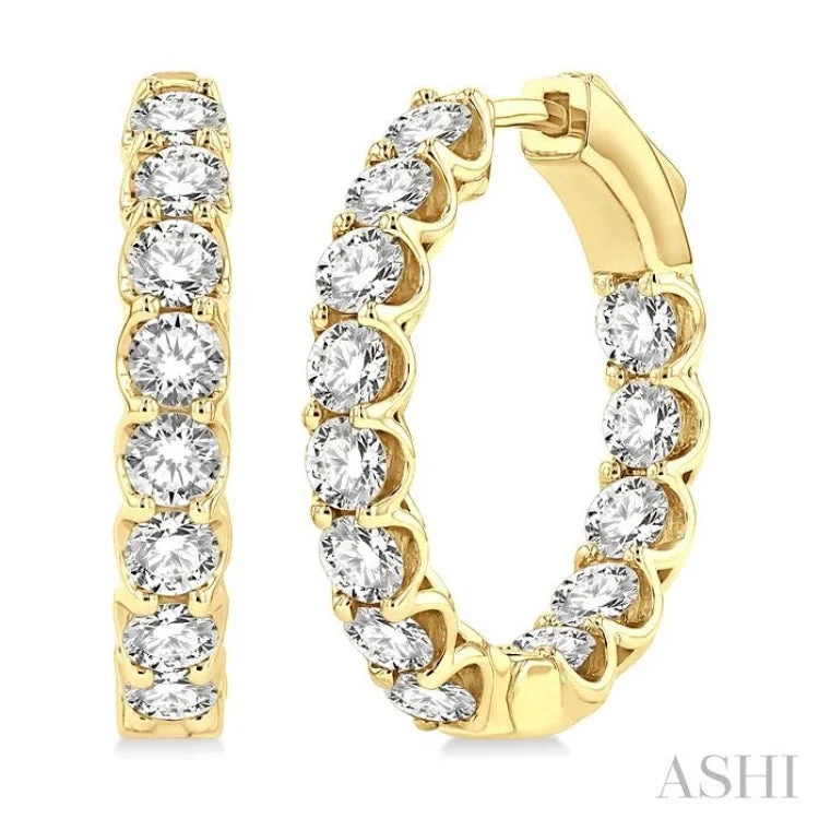 Ladies dangly earrings-3 Ctw Inside-Out Round Cut Diamond Hoop Earrings in 14K Yellow Gold