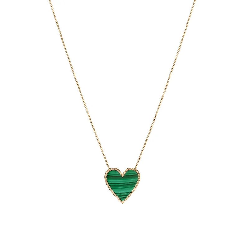 Ladies chain necklace with pendant-MALACHITE & DIAMOND HEART NECKLACE