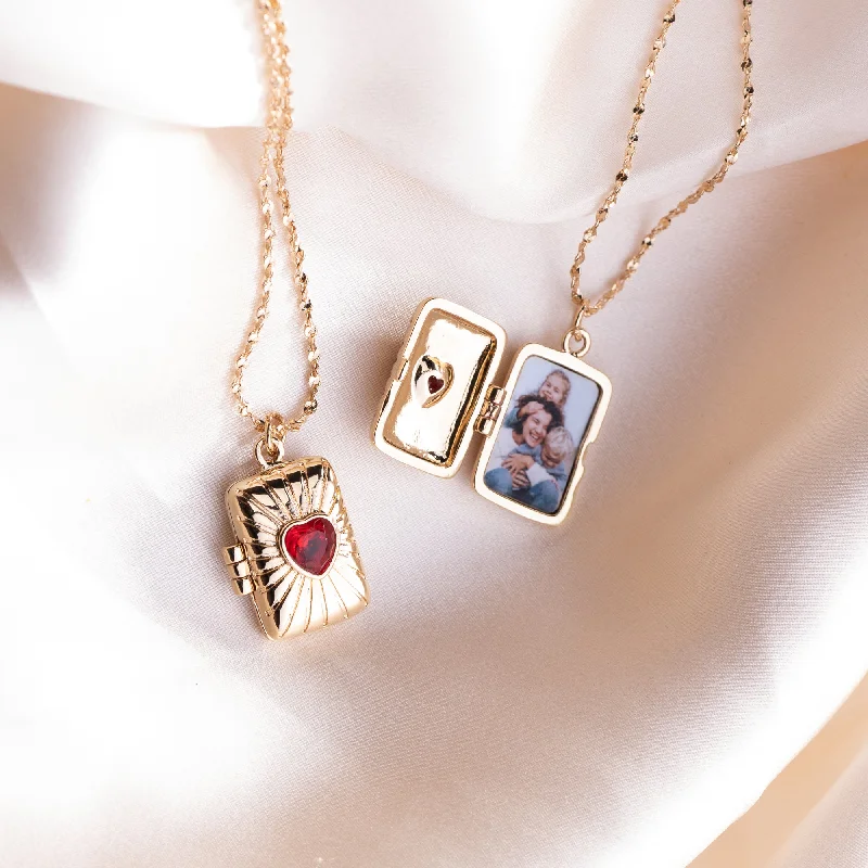 Ladies gold heart necklace-Red Heart Book Photo Necklace