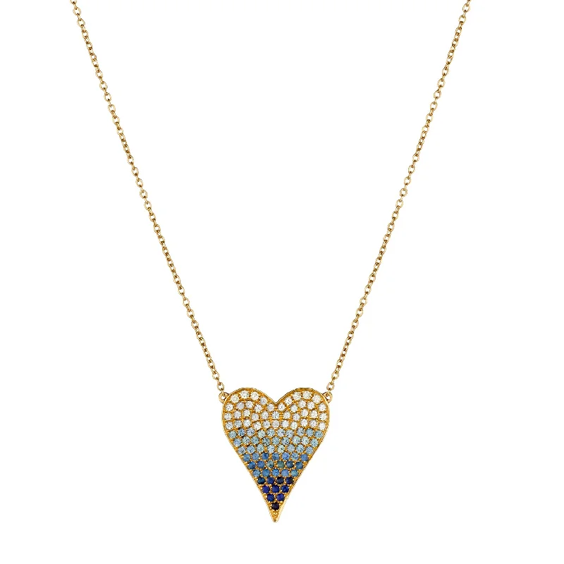 Ladies eternity necklace-SAPPHIRE AND DIAMOND OMBRÉ PINCHED HEART NECKLACE