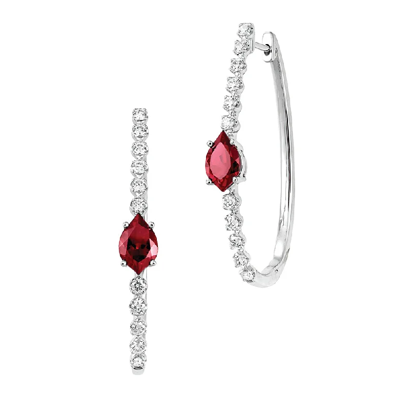 Ladies silver gemstone earrings-14K white gold hoop earrings featuring 8x5mm flame-cut Chatham lab grown rubies with Chatham lab grown diamond accents.