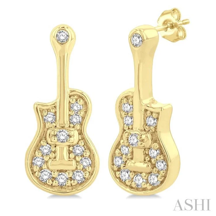 Ladies oversized earrings-1/10 ctw Petite Guitar Round Cut Diamond Fashion Stud Earring in 10K Yellow Gold