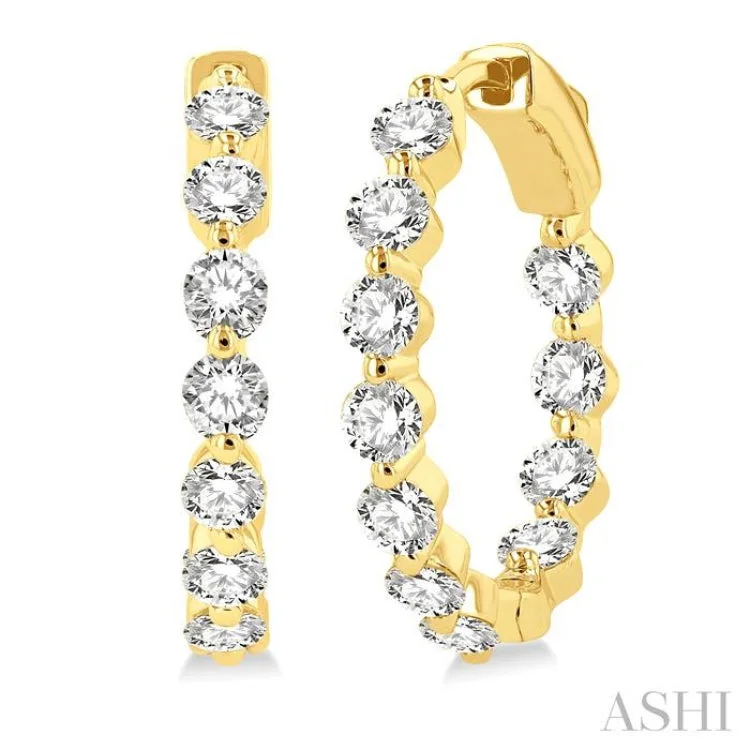 Ladies gold earrings-2 Ctw Inside-Out Single Prong Set Round Cut Diamond Hoop Earrings in 14K Yellow Gold