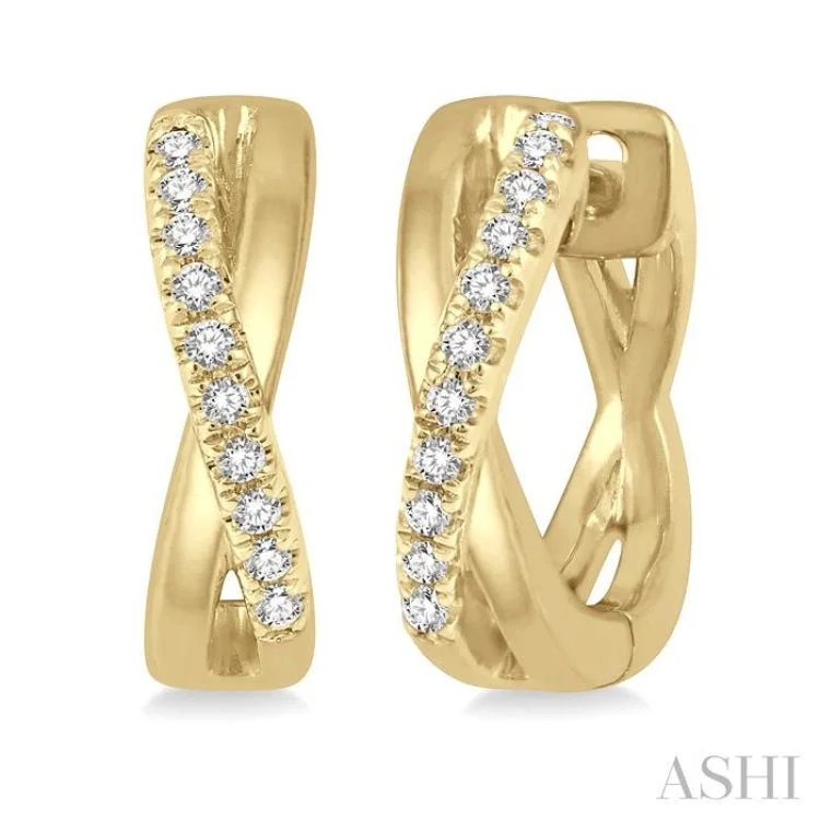 Ladies luxury earrings-1/10 Ctw Split Intersecting Arms Round Cut Diamond Huggie Earrings in 10K Yellow Gold