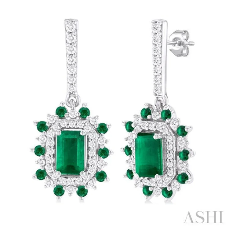 Ladies wedding stud earrings-1/3 ctw 5X3MM & 1.45MM Emerald and Round Cut Diamond Precious Earring in 14K White Gold