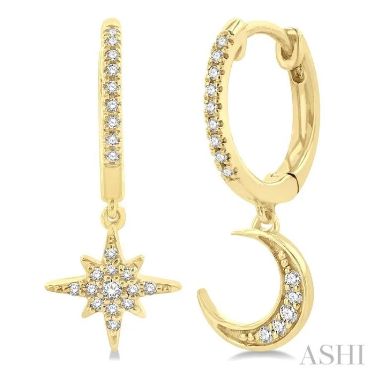 Ladies wedding earrings-1/6 ctw Petite Celestial Crescent & Star Round Cut Diamond Fashion Huggies in 10K Yellow Gold